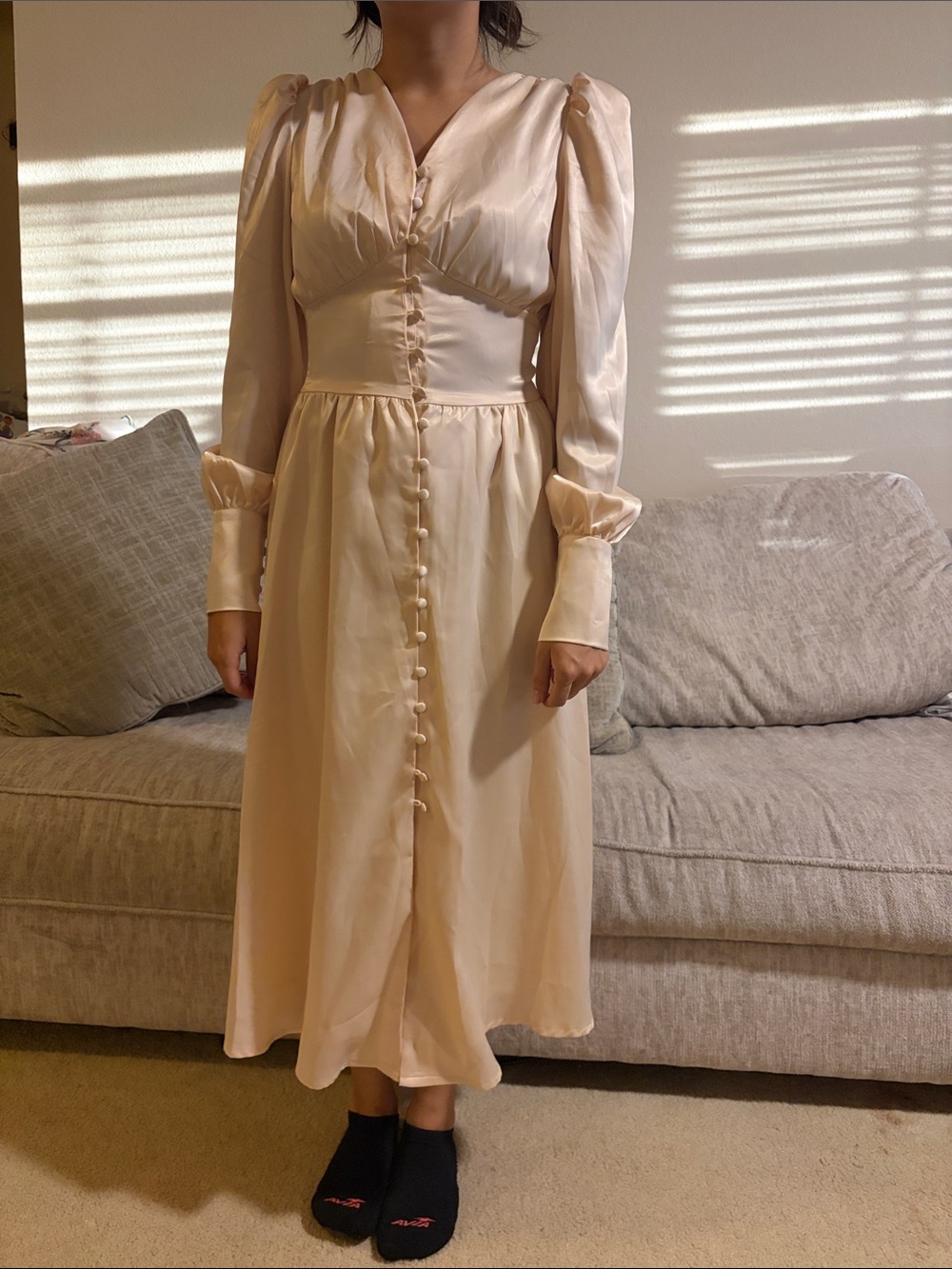 SHEIN Cream V-Neck Button-Front Midi Dress